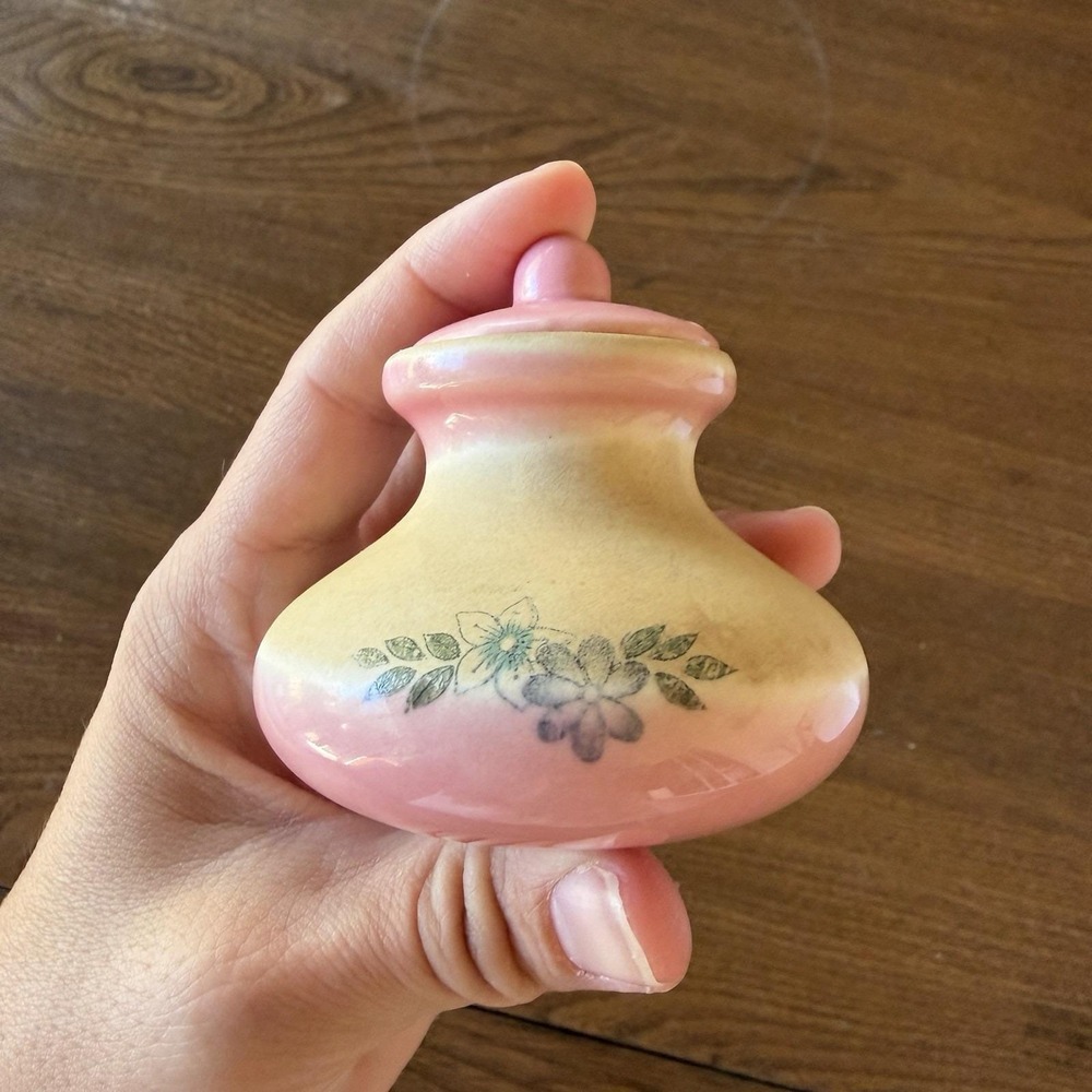 Vintage Mid Century Matte Ceramic Lidded Jar Pink Ivory Floral Trinket Pot